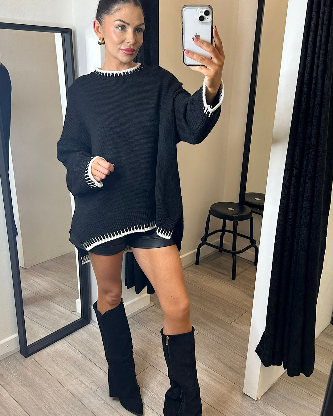 Black Knit Top with Cream Stitch