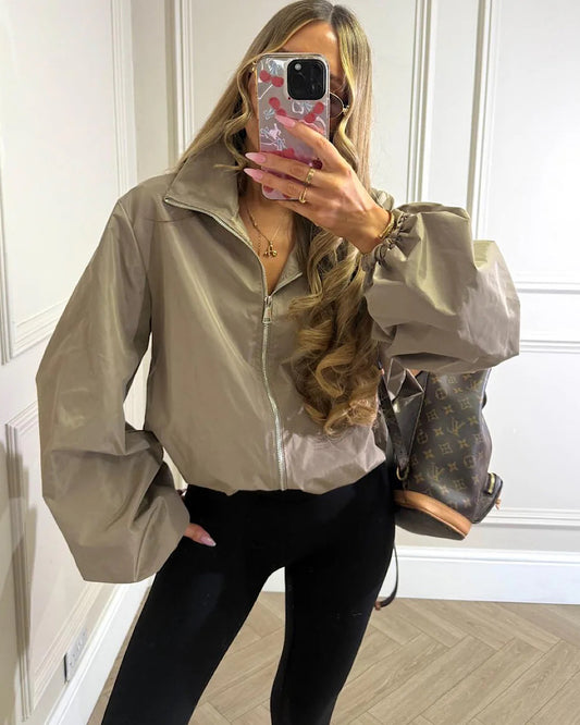 Beige High Neck Nylon Jacket