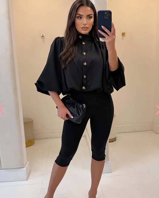 Black High Neck Button Top
