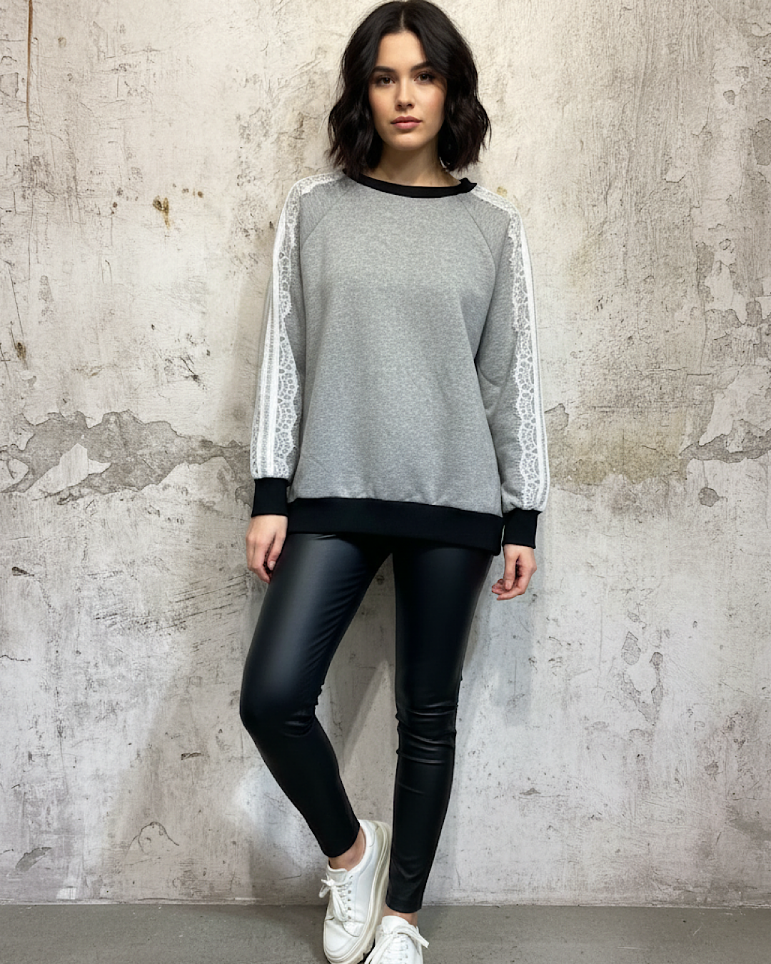 Grey Sweatshirt with Lace Sleeve