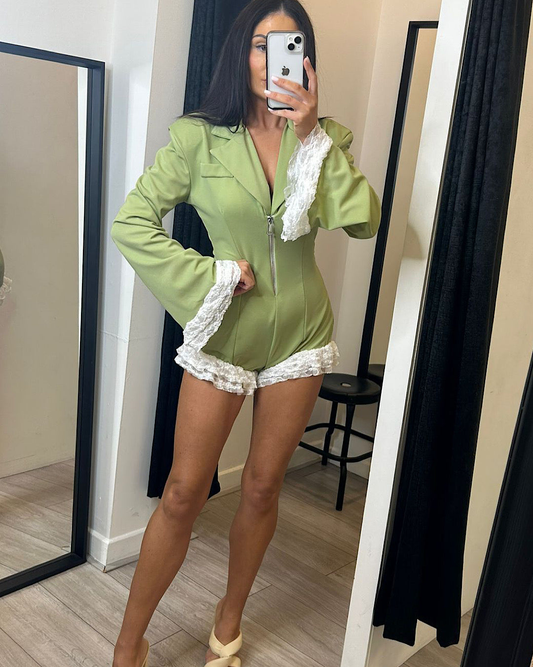 Plunge Neck Lace Hem Blazer Playsuit
