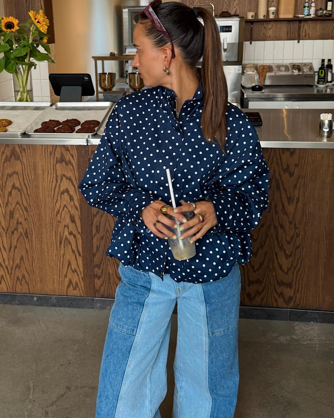 Navy High Neck Polka Jacket