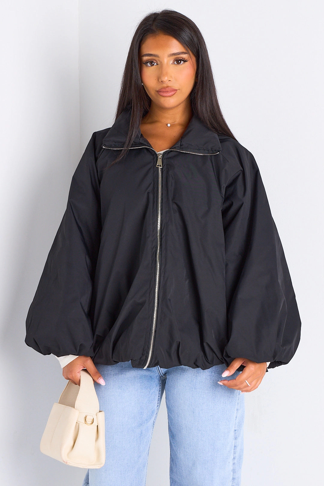 Black High Neck Balloon Sleeve Jacket