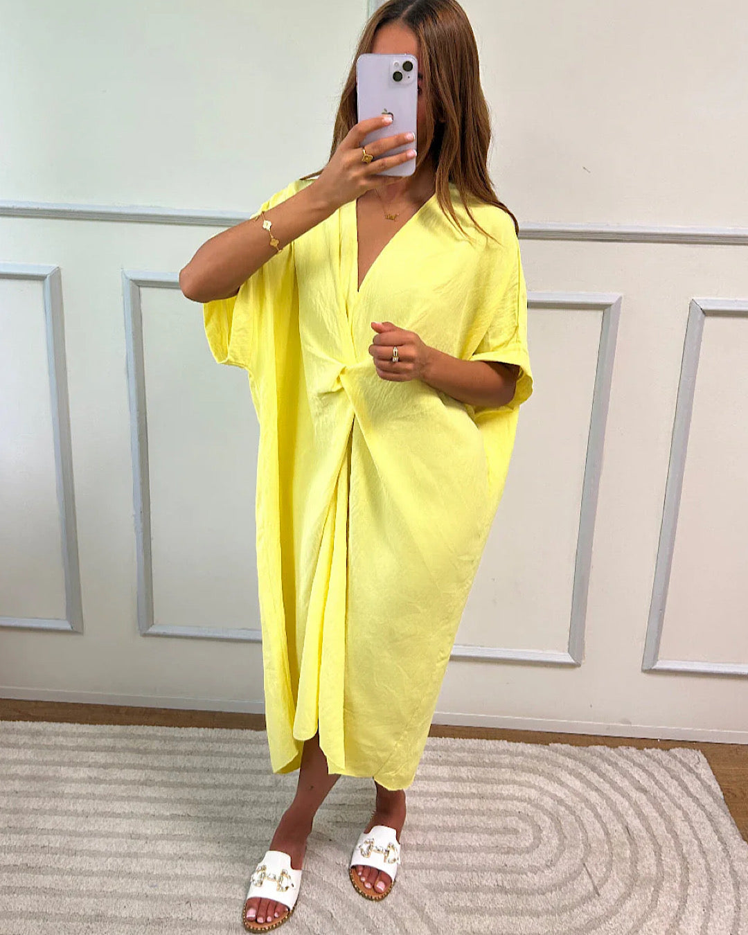 Yellow Oversized V Neck Knot Dress
