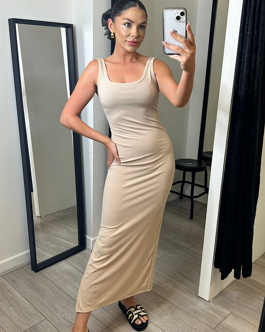 Beige Ribbed Square Neck Maxi Dress
