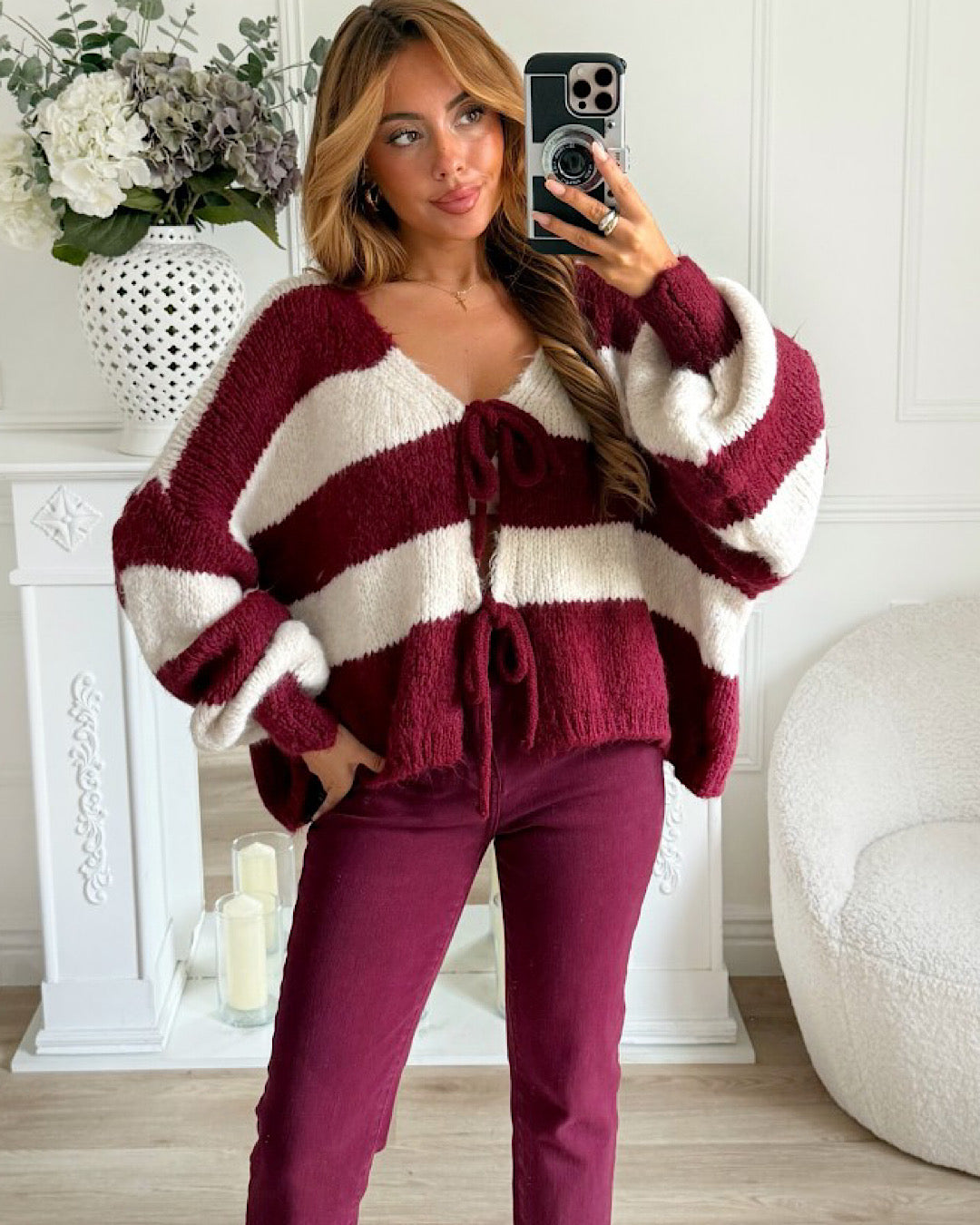 Wine and Cream Lace Front Knit Cardigan