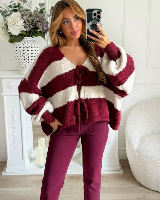 Wine and Cream Lace Front Knit Cardigan