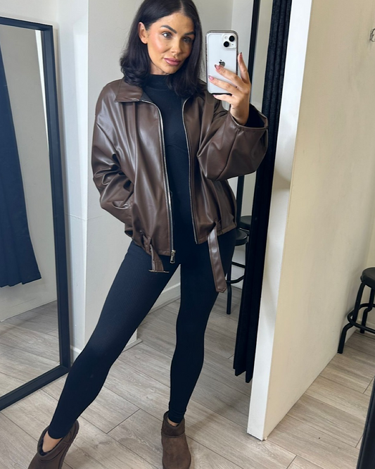 Chocolate Belted Faux Leather Jacket