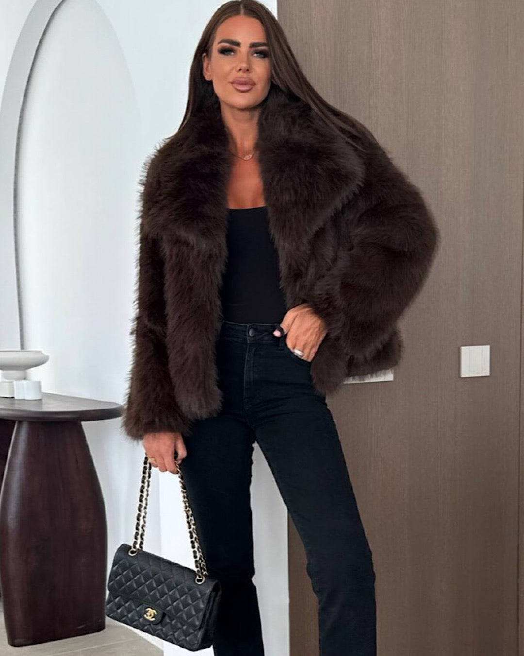 Chocolate Faux Fur Coat with Oversized Collar