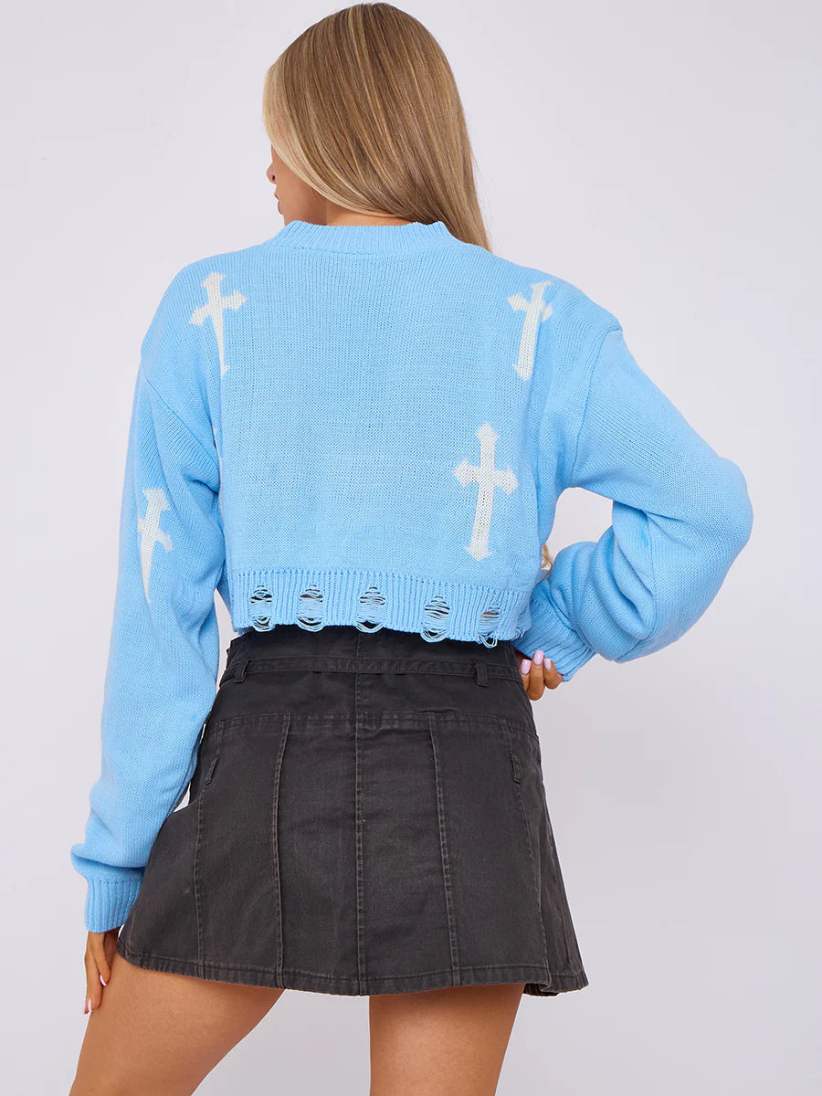 Blue White Cropped Cross Knit