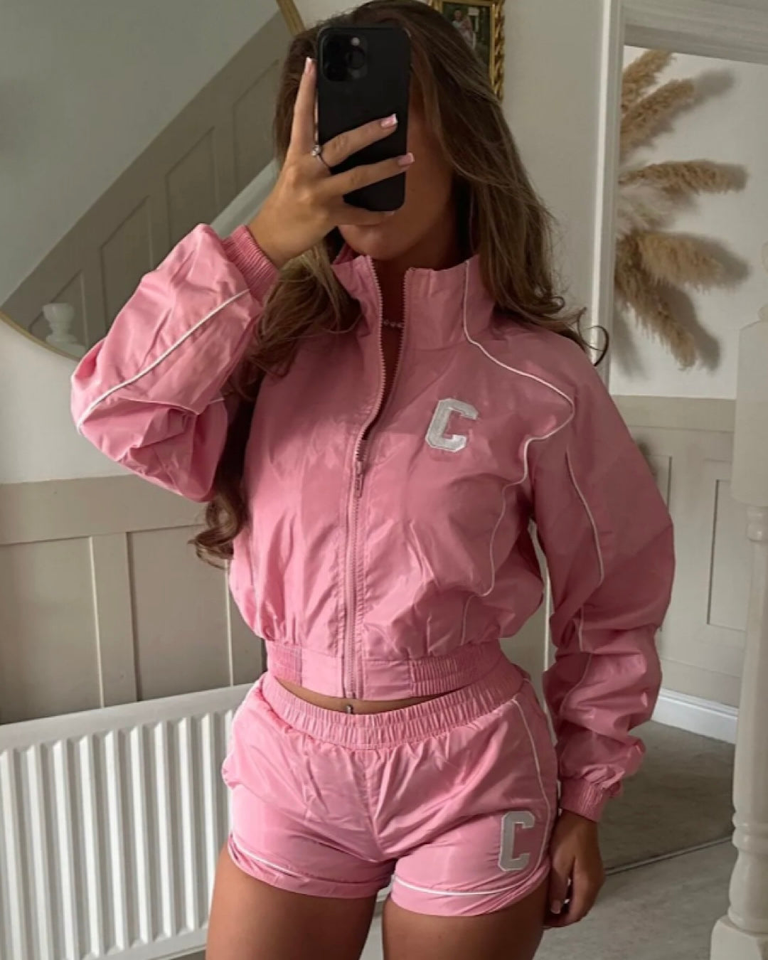 Pink White Zip Jacket & Shorts Suit