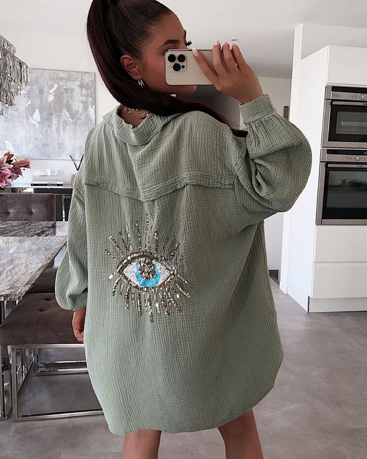 Khaki Oversized Glitter Eye Shirt