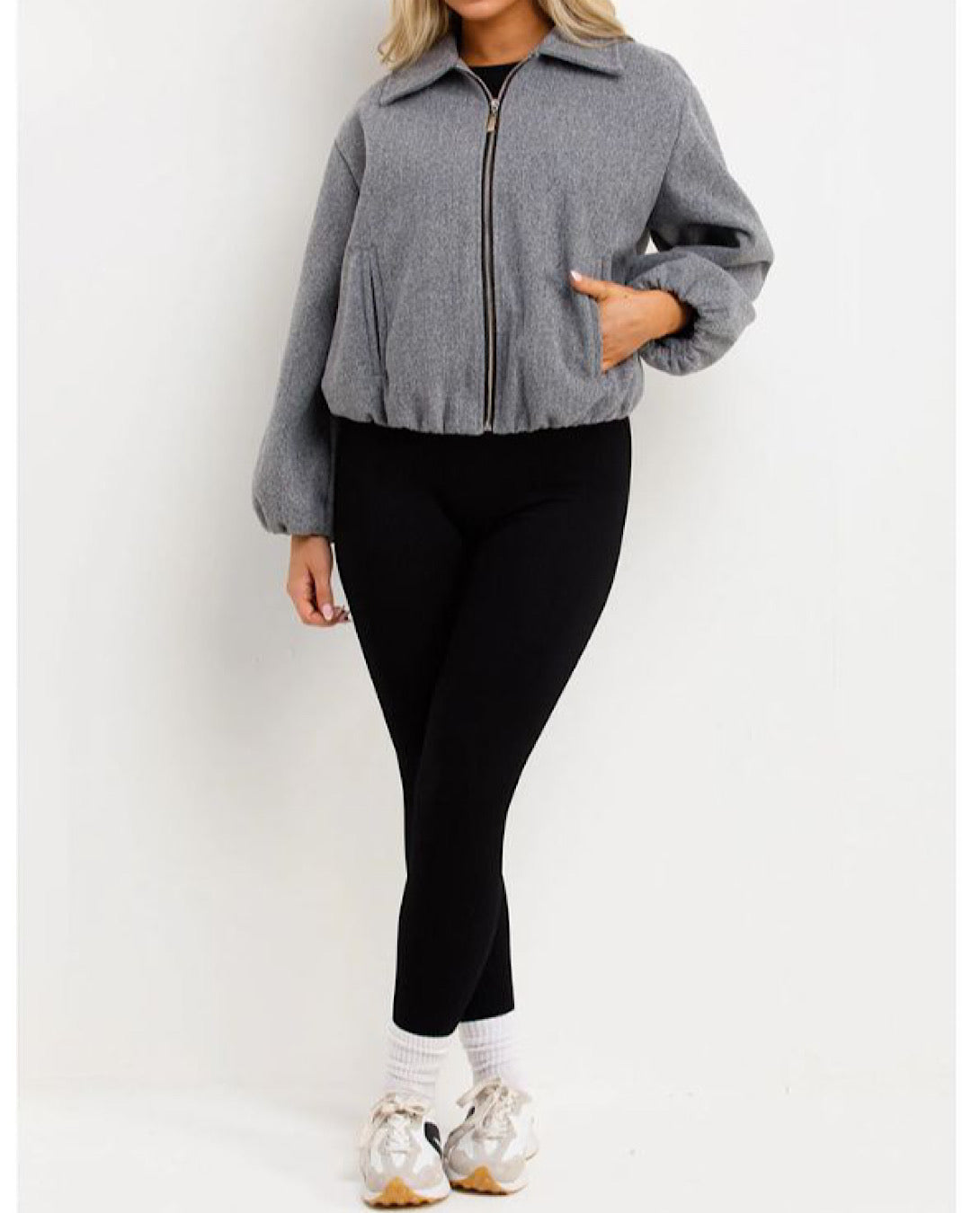 Grey Ruched Bomber Jacket with Zip