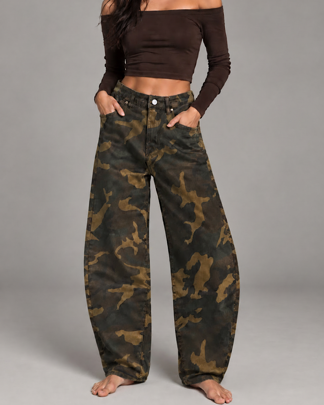 Barrel Leg Camouflage Print Jeans