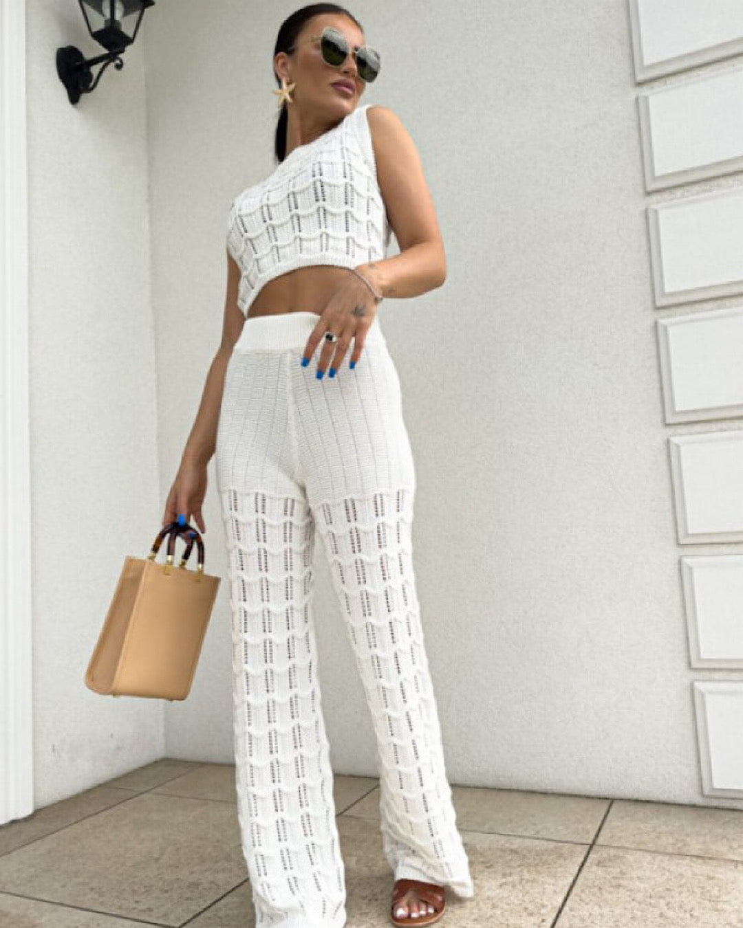 White Knit Top & Trousers Set