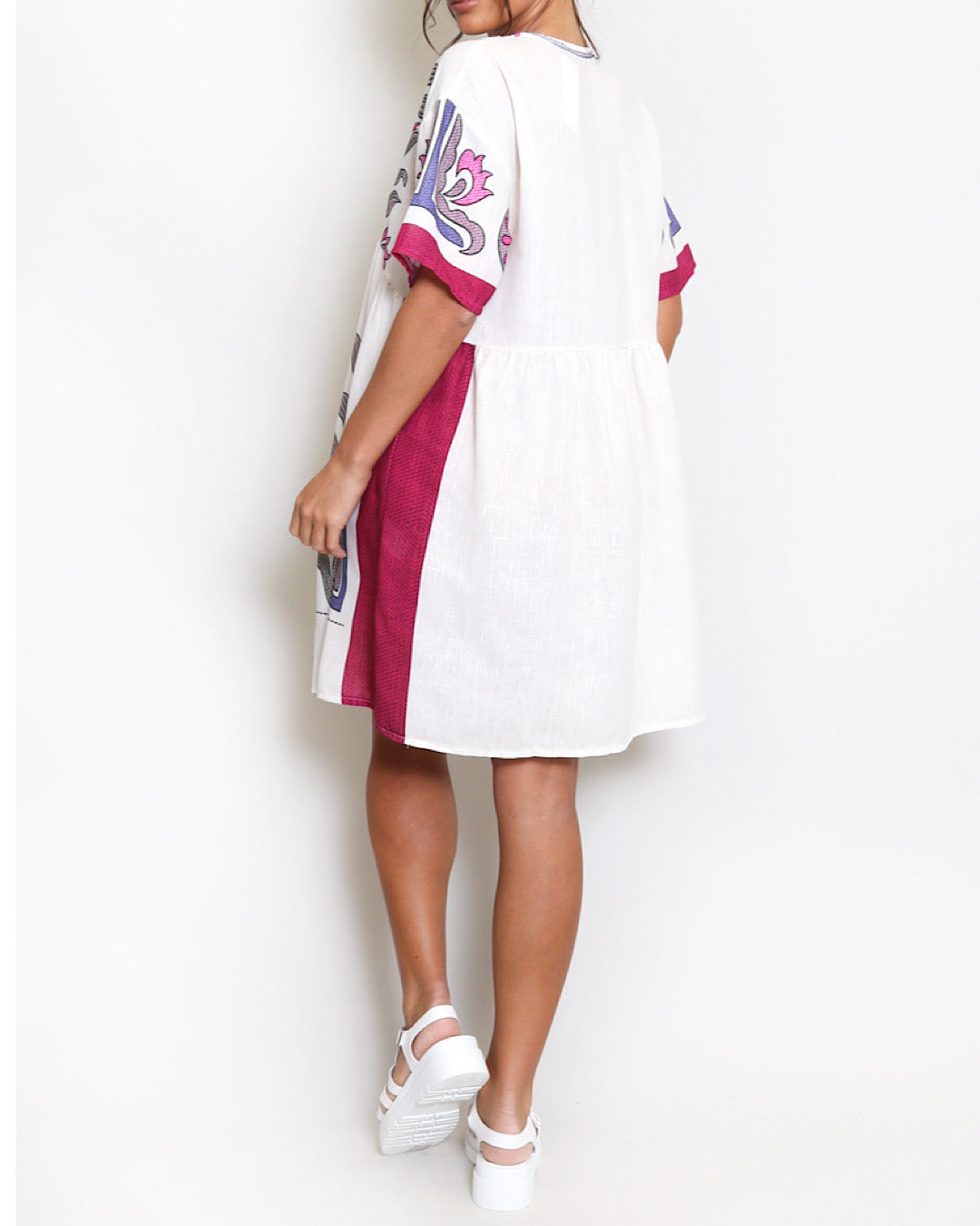 Fuchsia Cream V Neck Smock Dress