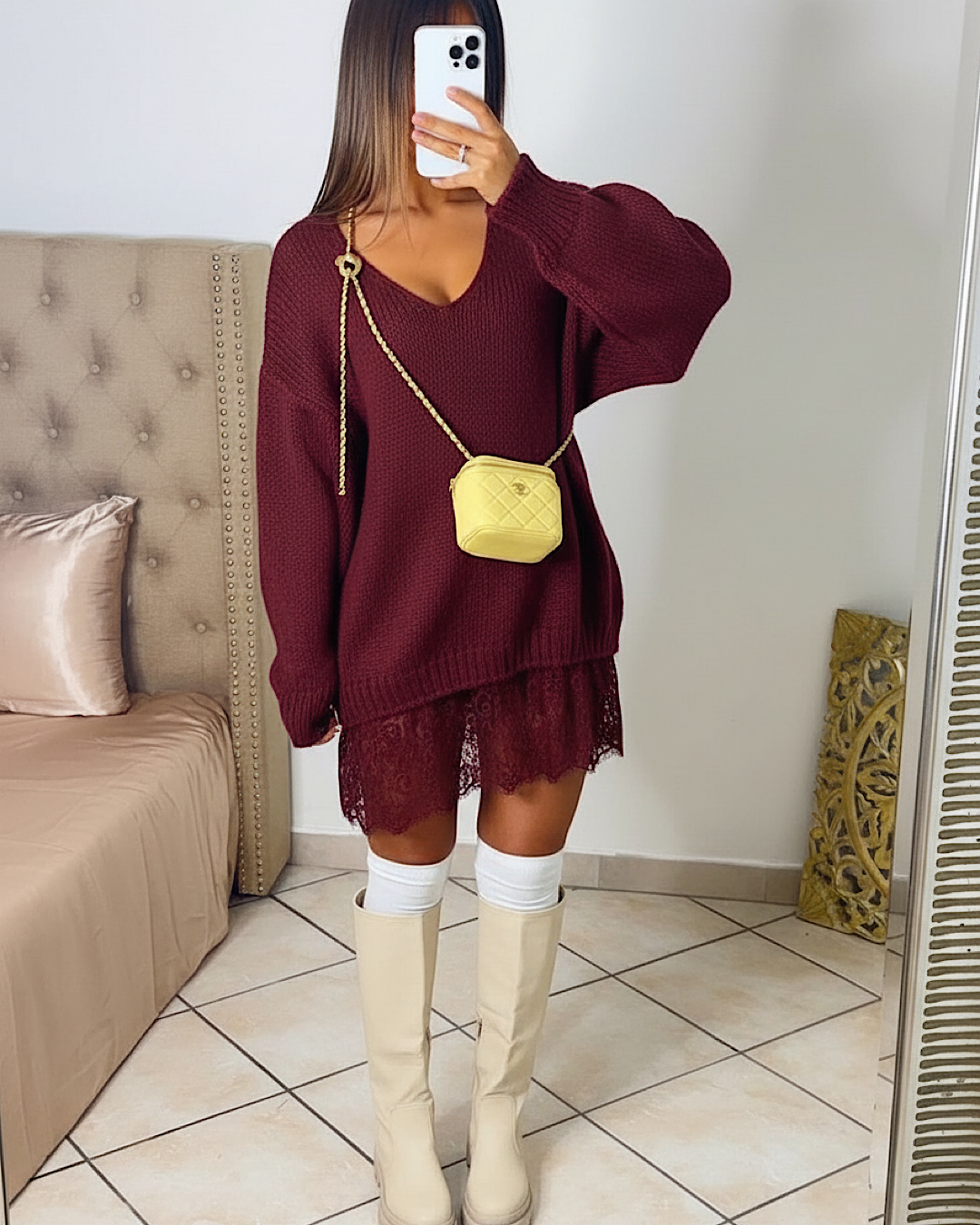 Wine Oversized Lace Knit Dress