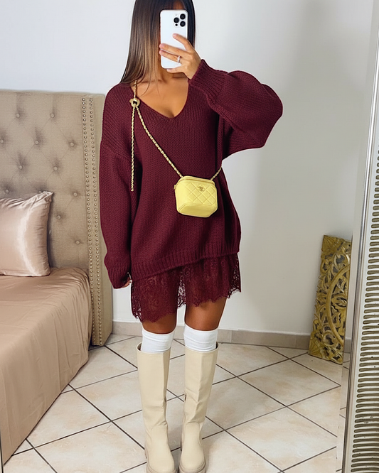 Wine Oversized Lace Knit Dress