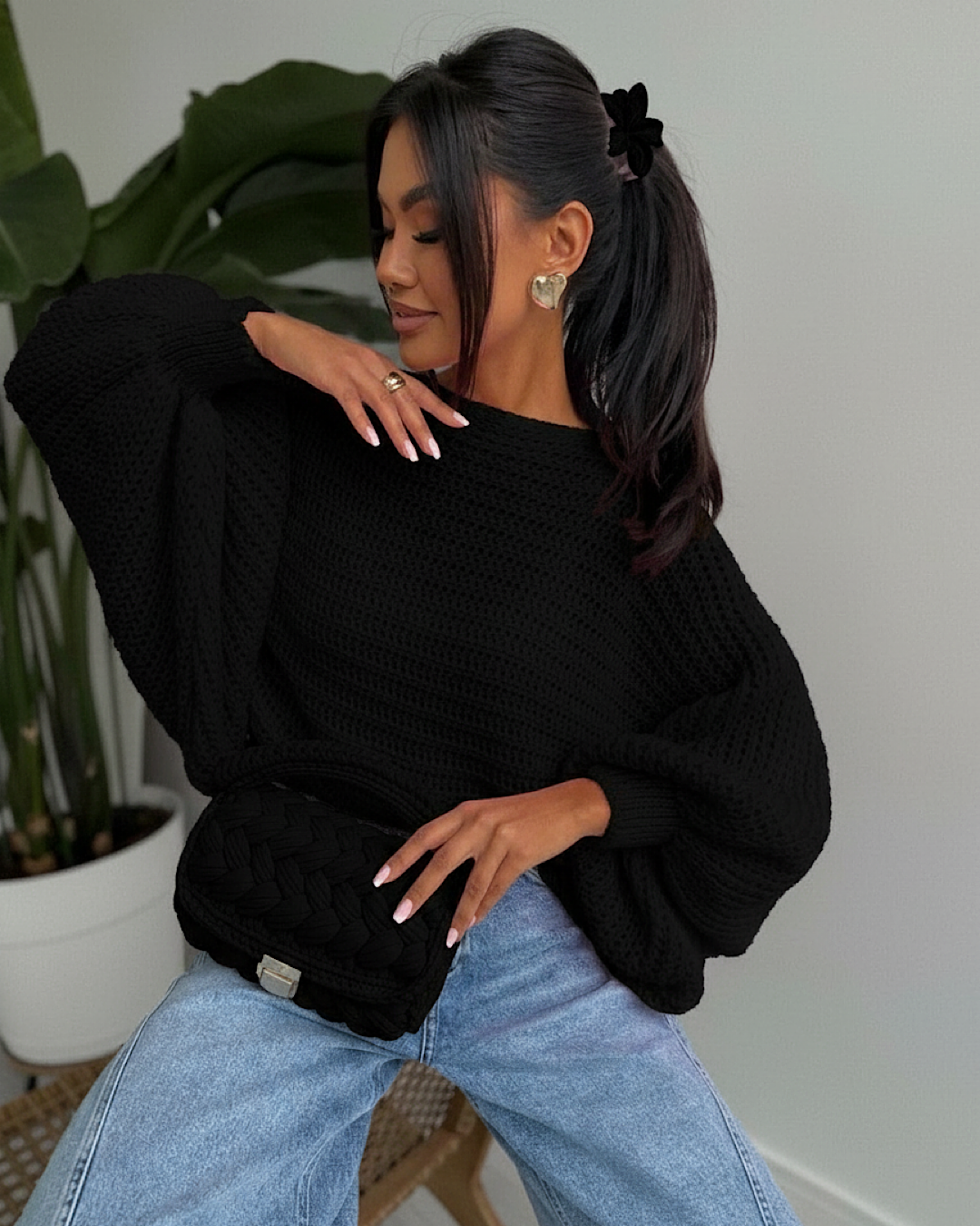 Black Batwing Knot Back Knit