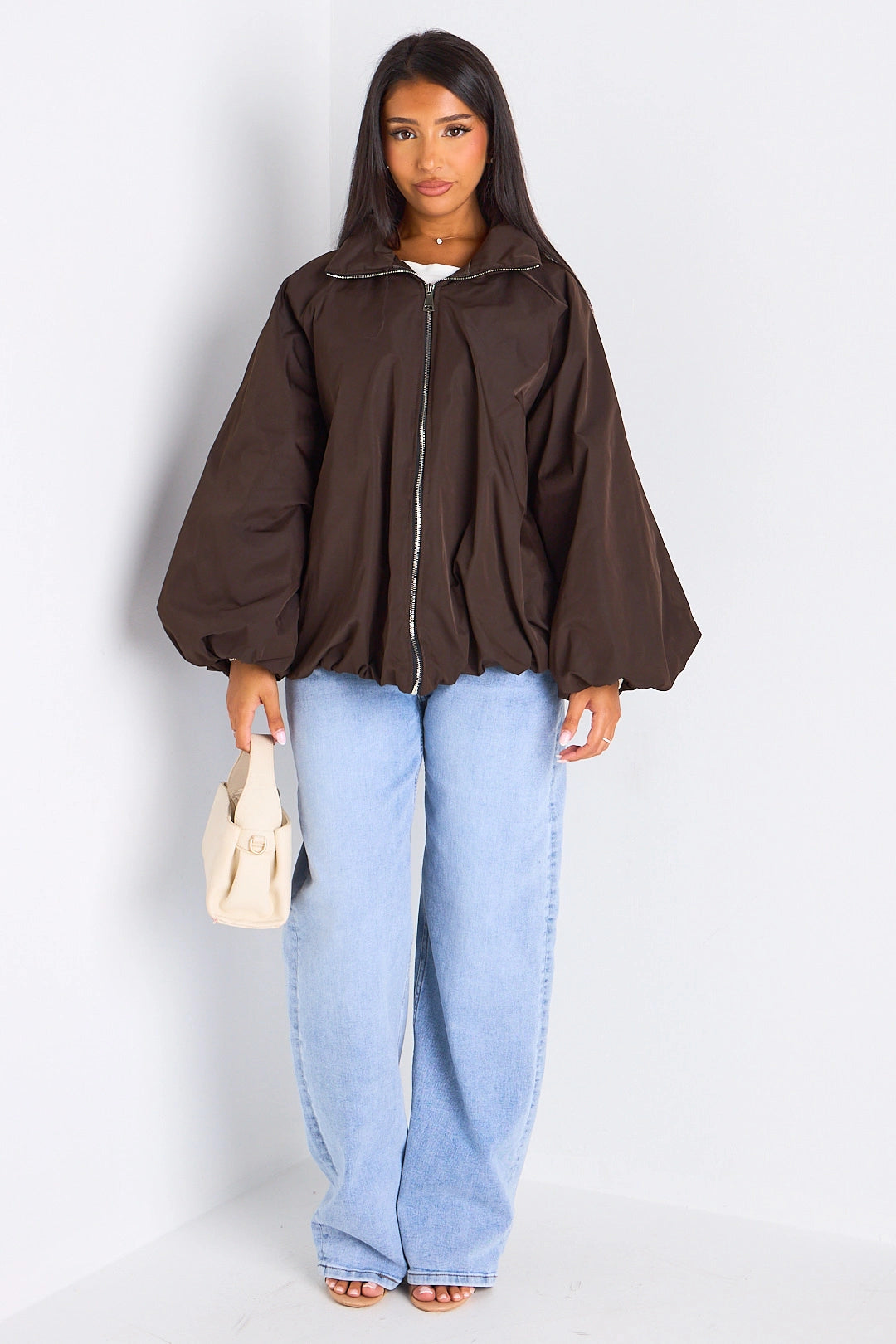 Brown High Neck Balloon Sleeve Jacket