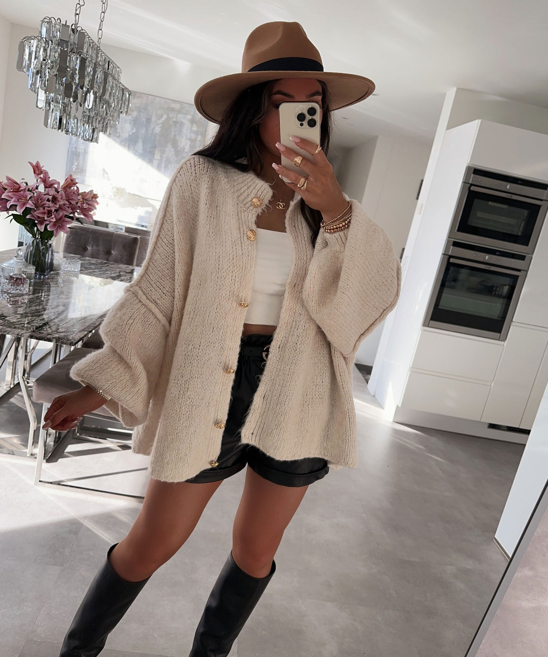 Beige Oversized Cardigan with Gold Buttons