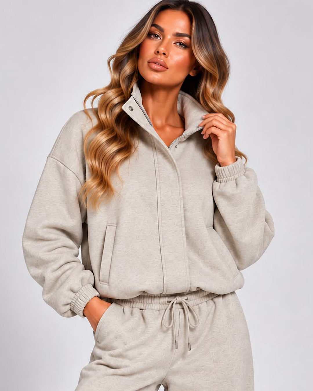 Beige Funnel Neck Zip Suit