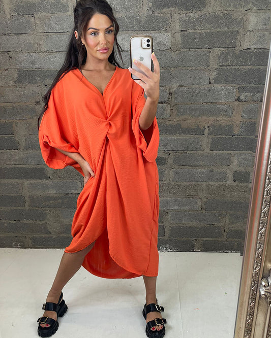 Orange Oversized V Neck Knot Dress
