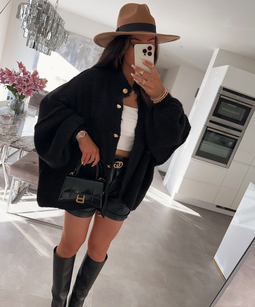 Black Oversized Cardigan with Gold Buttons