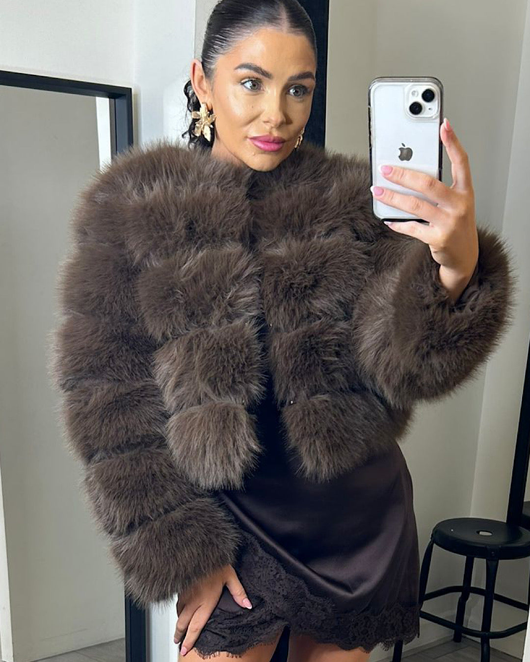 Brown Faux Fur Bubble Jacket
