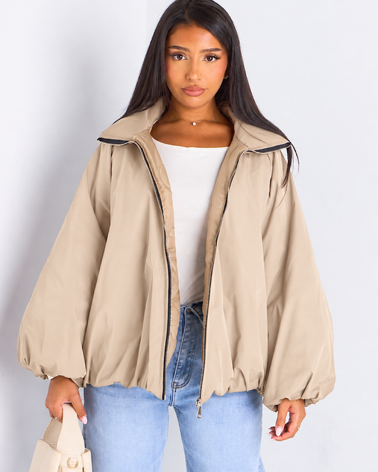 Beige High Neck Balloon Sleeve Jacket
