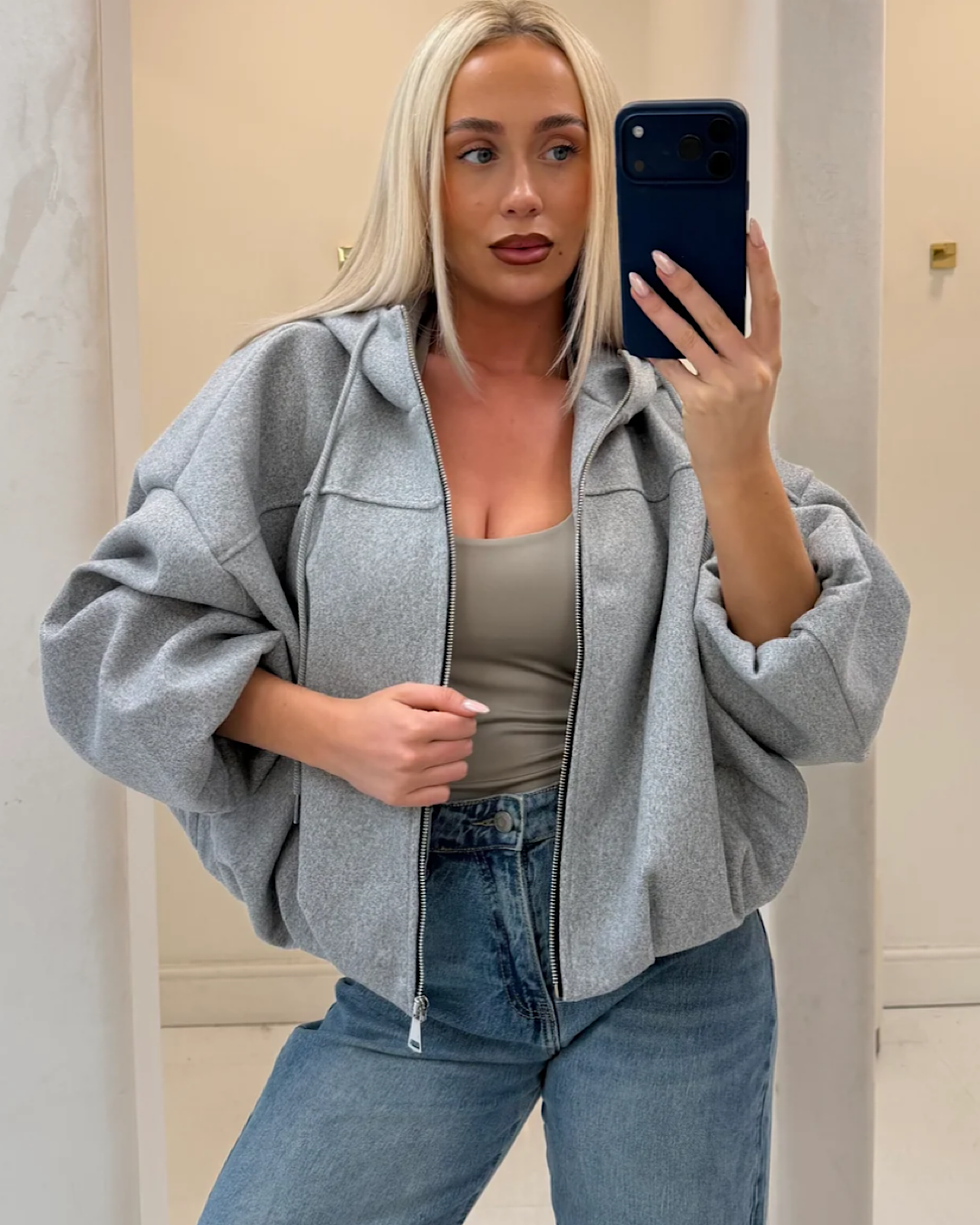 Grey Hooded Puff Sleeve Bomber