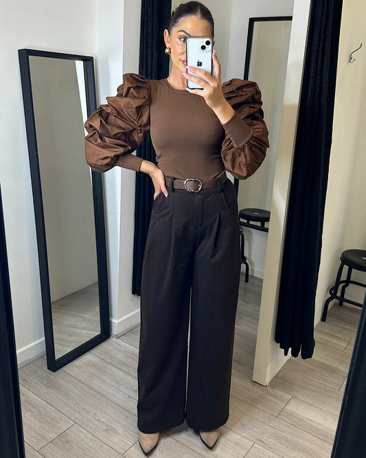 Brown Belted Wide Leg Trousers