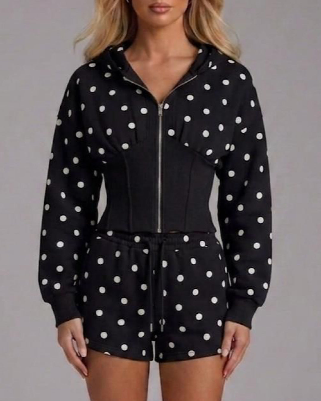 Black Polka Hooded Jacket & Shorts Set