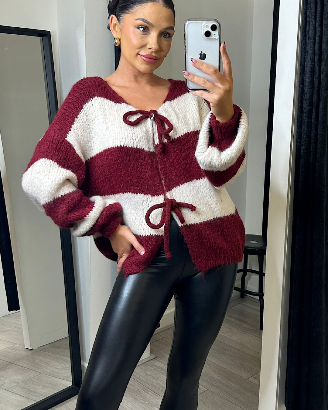 Wine and Cream Lace Front Knit Cardigan