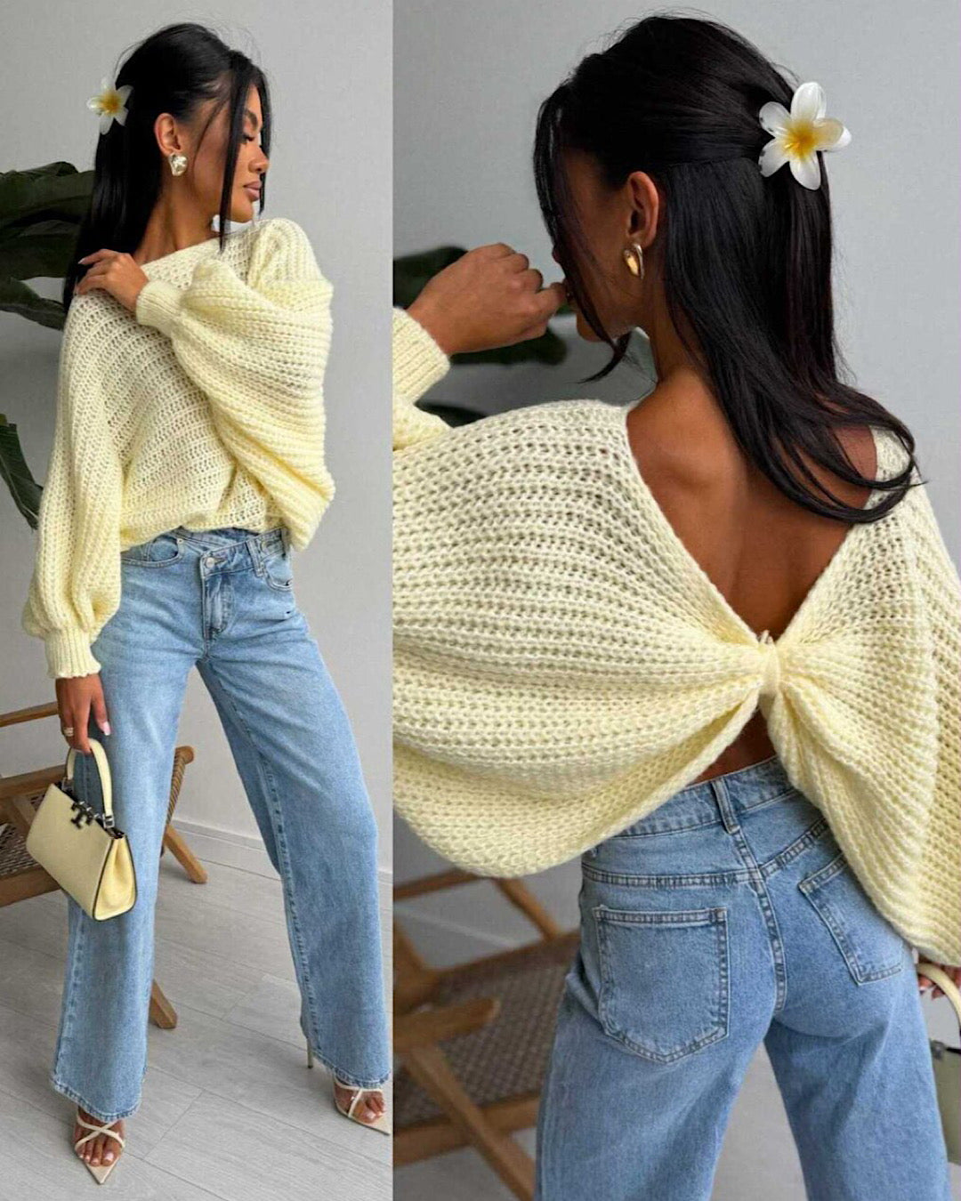 Lemon Batwing Knot Back Knit