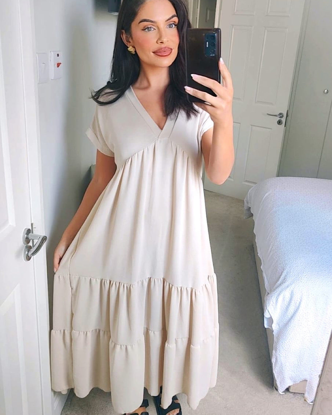 Beige Tiered V Neck Maxi Dress