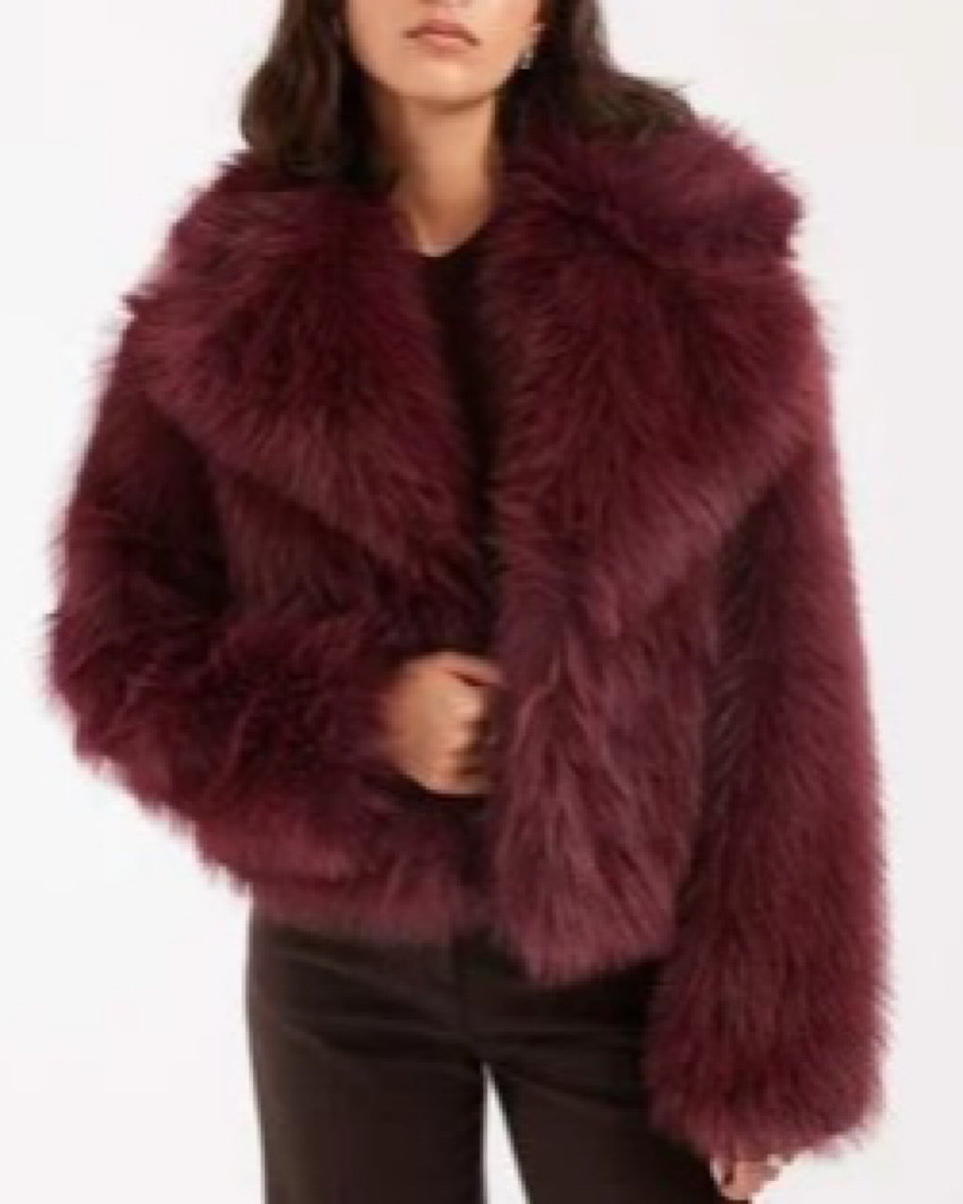 Wine Faux Fur Coat with Oversized Collar