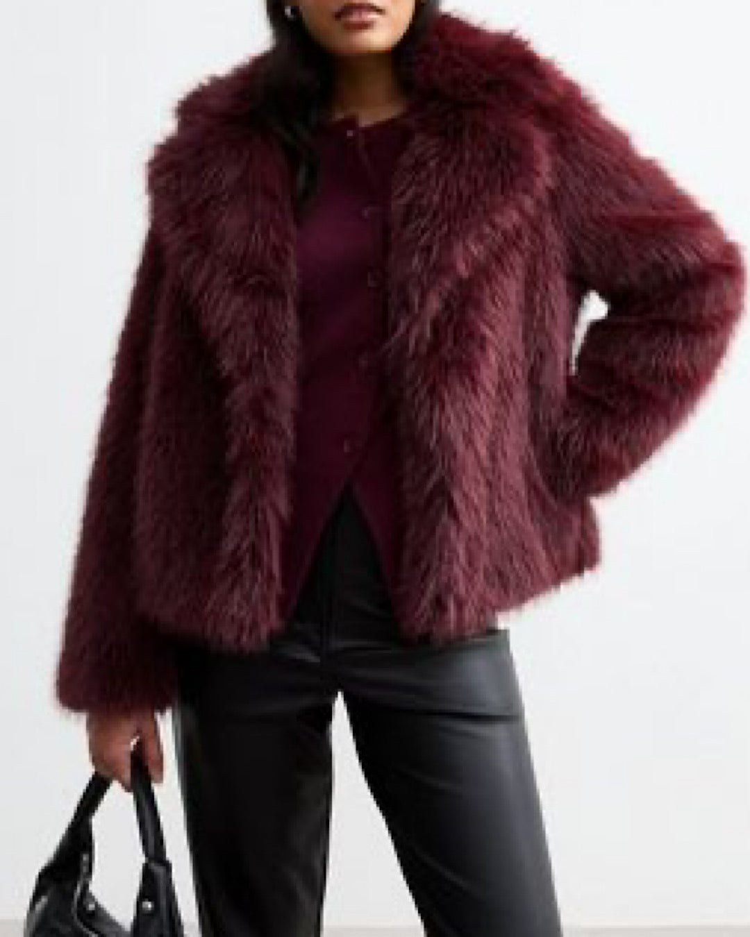 Wine Faux Fur Coat with Oversized Collar