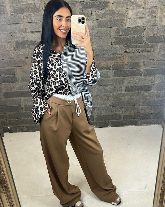 Camel Trousers with White Waistband