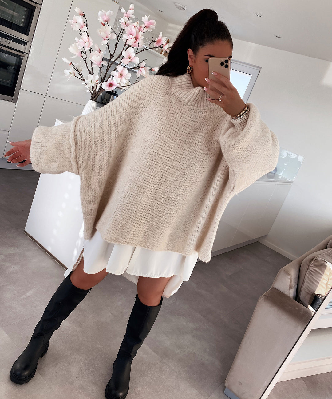 Beige Oversized Knit Dress