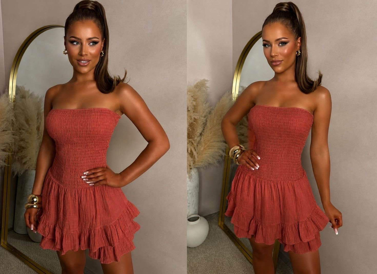 Rust Bandeau Frill Hem Playsuit