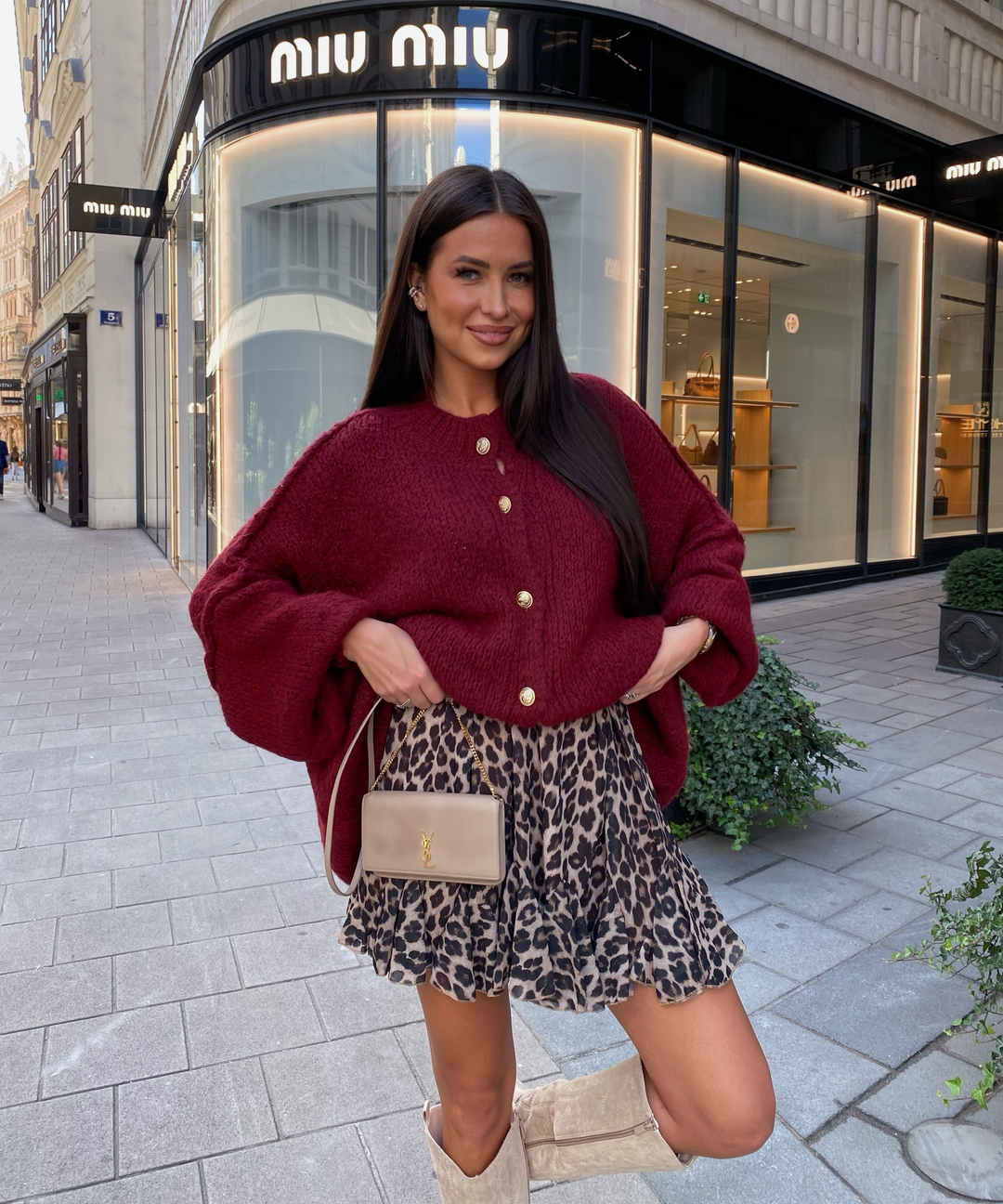 Wine Oversized Cardigan with Gold Buttons