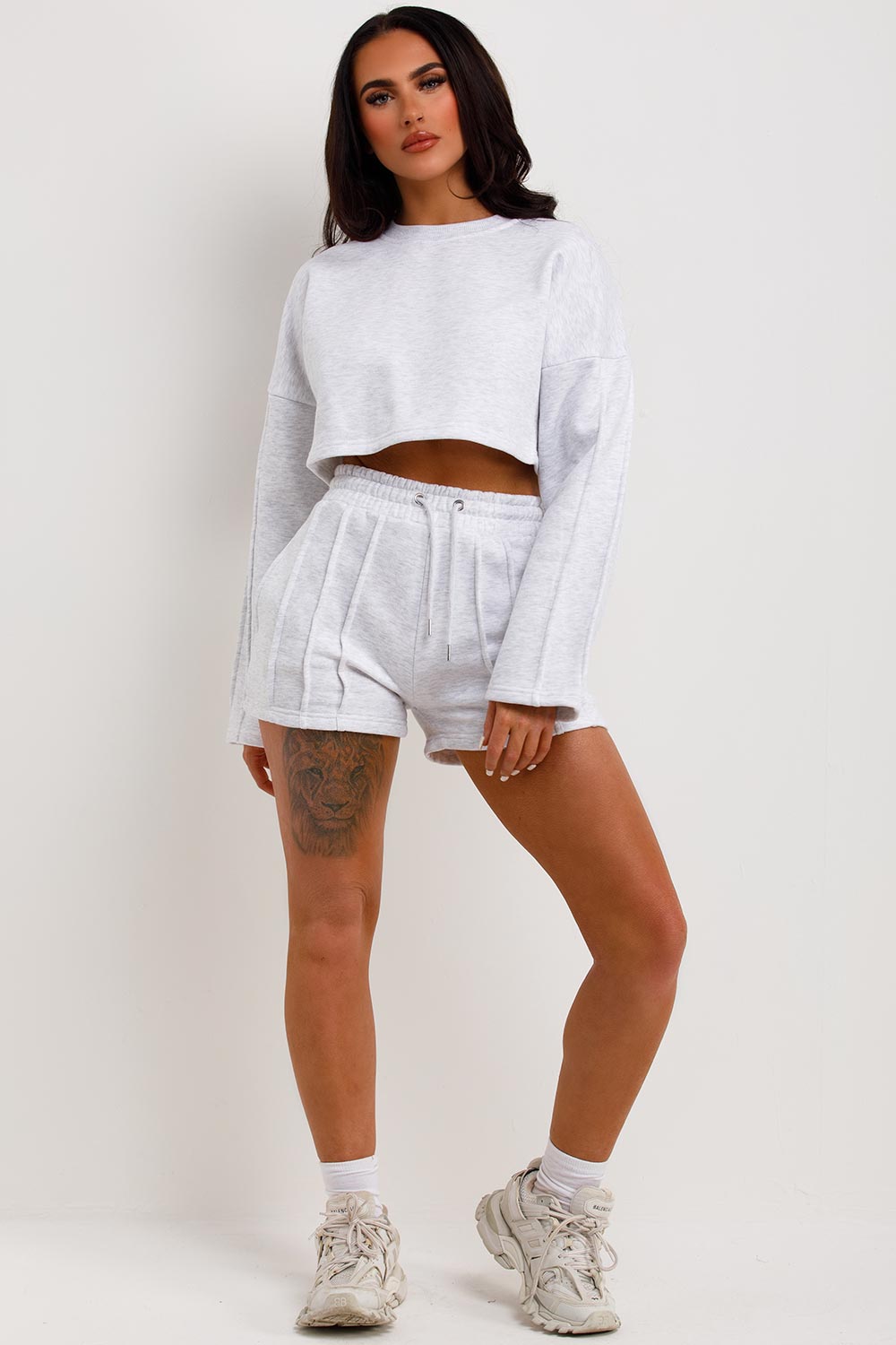 Grey Cropped Cross Sweat and Shorts Suit
