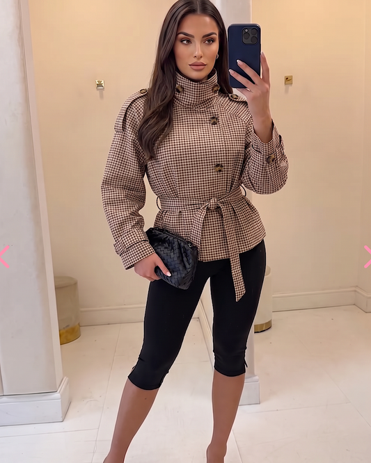 Beige Check Belted Funnel Neck Coat