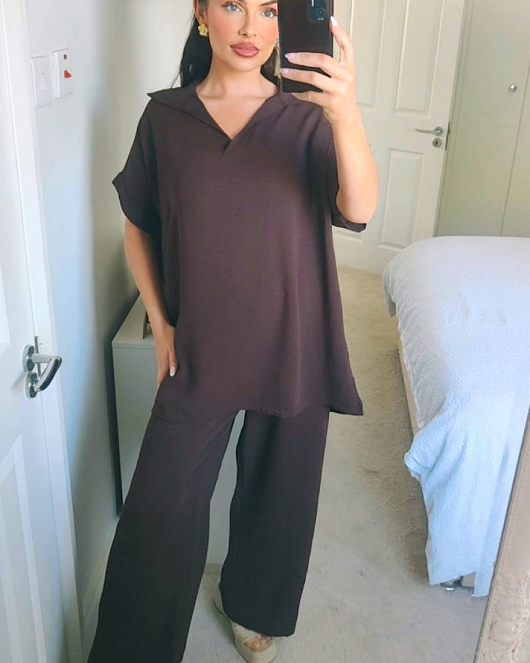 Brown Collared Top and Trousers Co Ord Suit