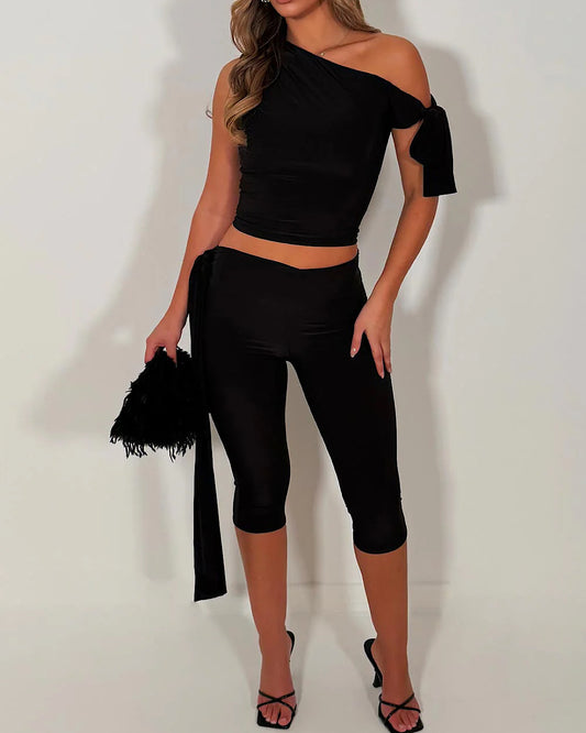 Black One Shoulder Top and Capri Trousers