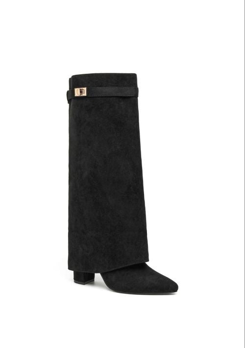 Black Faux Suede Buckle Knee Boots