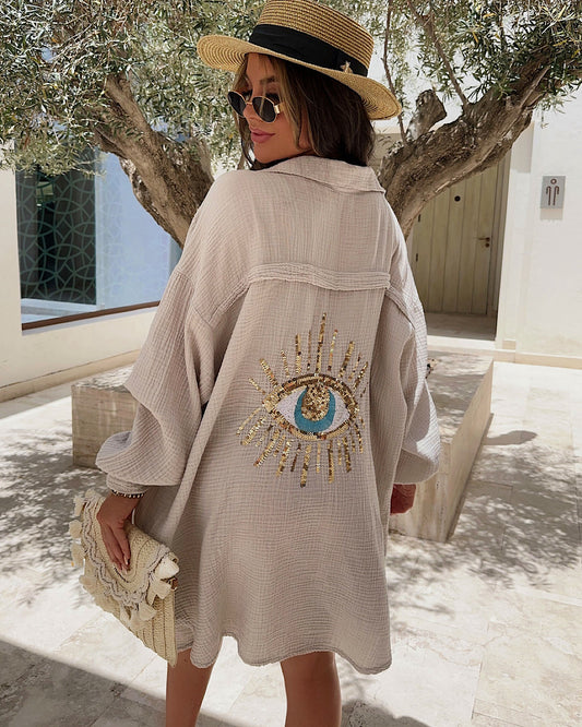 Beige Oversized Sequin Eye  Shirt