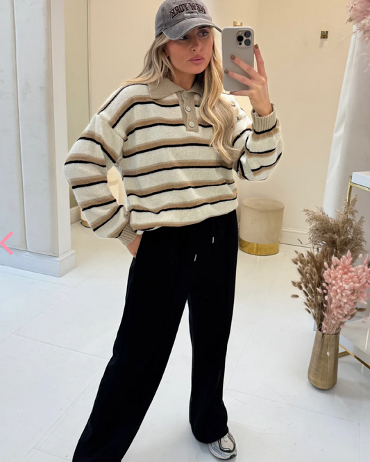 Beige & Brown Collared Knit Top