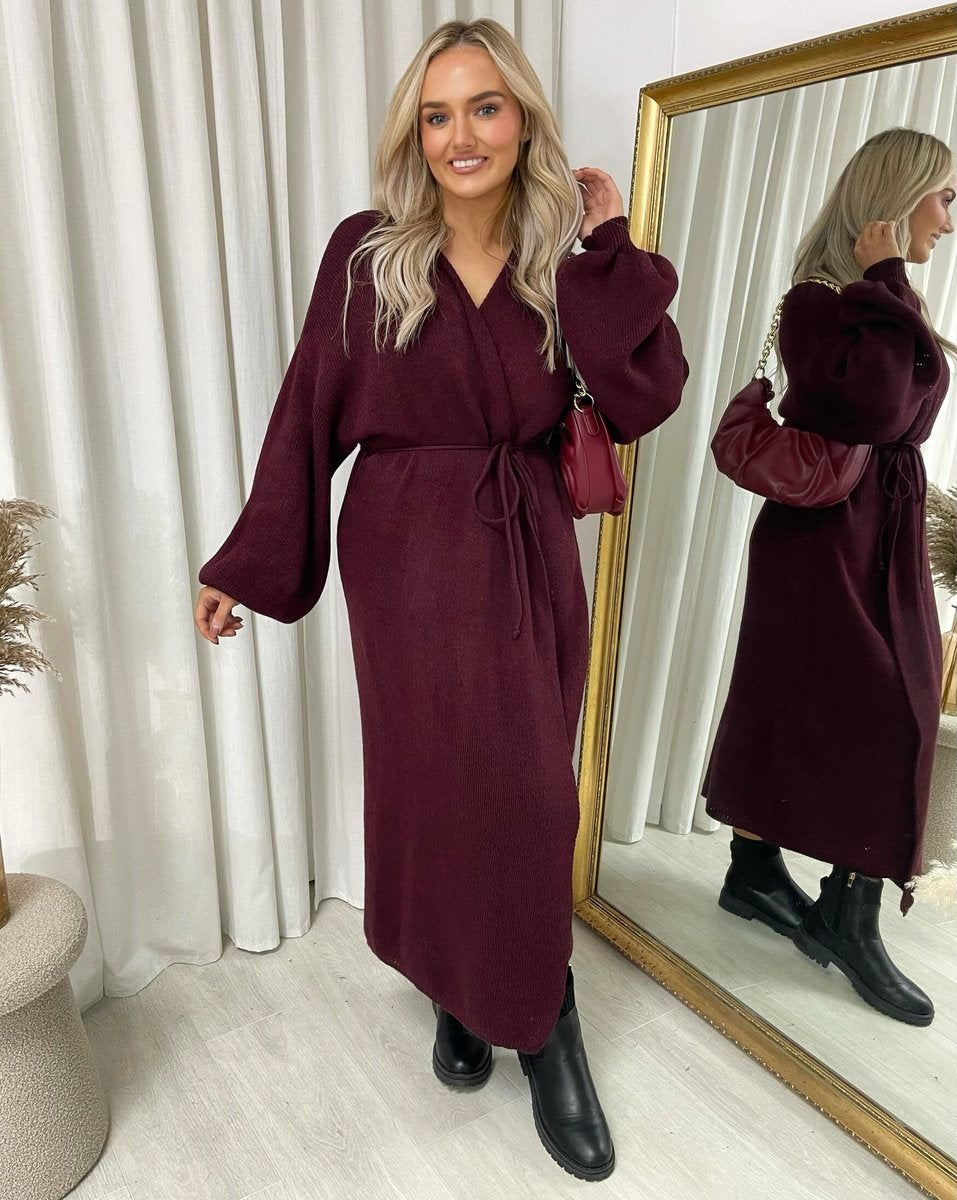 Burgundy Belted Knit Dress